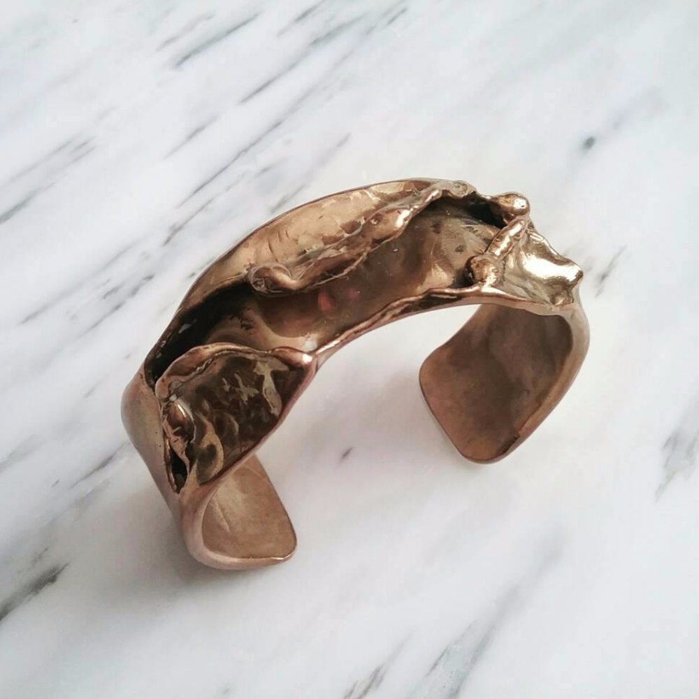 Vintage Boho Brutalist Brass Cuff Bracelet Signed